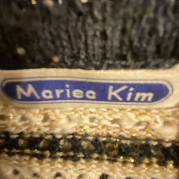 Vtg 70s/80 Mariea Kim Sweater Abstract Diagonal Stripe Black Gold Metallic L - Picture 3 of 5